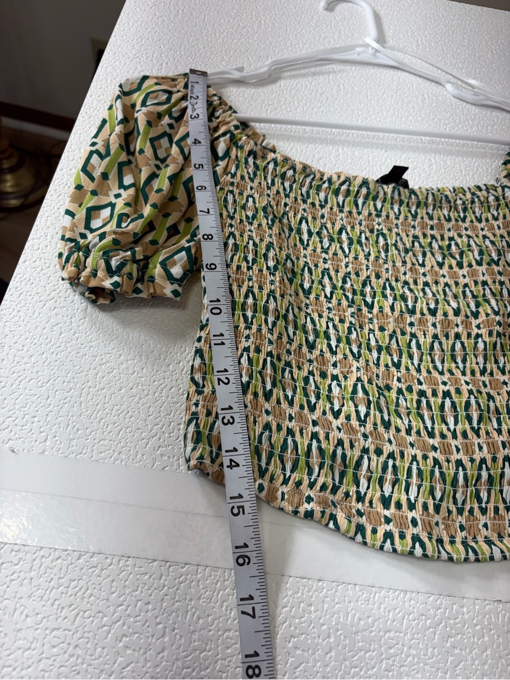 Velvet Heart Beige and Green Smocked Off-Shoulder Crop Top 3647 - Picture 7 of 7
